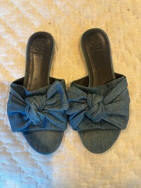 Tory Burch Denim Knot Slide Mules - Blue